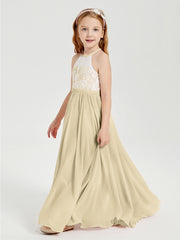 Robes de Demoiselle d'Honneur Longues en Mousseline avec Haut en Dentelle Champagne