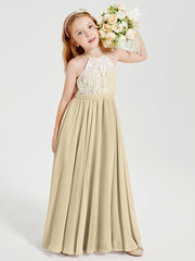 Robes de Demoiselle d'Honneur Longues en Mousseline avec Haut en Dentelle Champagne