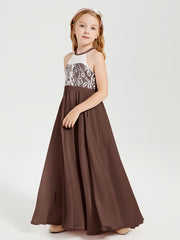 Robes de Demoiselle d'Honneur Longues en Mousseline avec Haut en Dentelle Chocolat