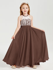 Robes de Demoiselle d'Honneur Longues en Mousseline avec Haut en Dentelle Chocolat