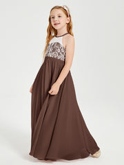 Robes de Demoiselle d'Honneur Longues en Mousseline avec Haut en Dentelle Chocolat