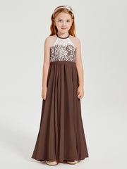 Robes de Demoiselle d'Honneur Longues en Mousseline avec Haut en Dentelle Chocolat