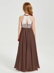 Robes de Demoiselle d'Honneur Longues en Mousseline avec Haut en Dentelle Chocolat