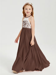 Robes de Demoiselle d'Honneur Longues en Mousseline avec Haut en Dentelle Chocolat