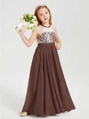 Robes de Demoiselle d'Honneur Longues en Mousseline avec Haut en Dentelle Chocolat
