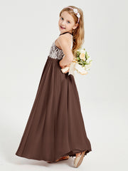 Robes de Demoiselle d'Honneur Longues en Mousseline avec Haut en Dentelle Chocolat