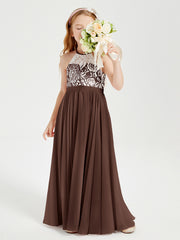 Robes de Demoiselle d'Honneur Longues en Mousseline avec Haut en Dentelle Chocolat