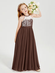 Robes de Demoiselle d'Honneur Longues en Mousseline avec Haut en Dentelle Chocolat