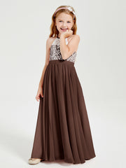 Robes de Demoiselle d'Honneur Longues en Mousseline avec Haut en Dentelle Chocolat