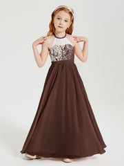 Robes de Demoiselle d'Honneur Longues en Mousseline avec Haut en Dentelle Chocolat