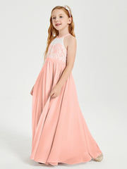 Robes de Demoiselle d'Honneur Longues en Mousseline avec Haut en Dentelle Corail