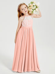 Robes de Demoiselle d'Honneur Longues en Mousseline avec Haut en Dentelle Corail