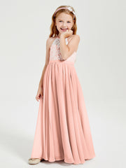 Robes de Demoiselle d'Honneur Longues en Mousseline avec Haut en Dentelle Corail
