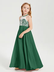 Robes de Demoiselle d'Honneur Longues en Mousseline avec Haut en Dentelle Vert Foncé