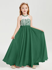 Robes de Demoiselle d'Honneur Longues en Mousseline avec Haut en Dentelle Vert Foncé