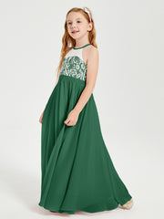 Robes de Demoiselle d'Honneur Longues en Mousseline avec Haut en Dentelle Vert Foncé