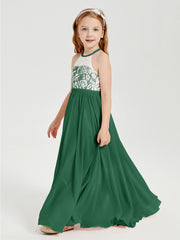 Robes de Demoiselle d'Honneur Longues en Mousseline avec Haut en Dentelle Vert Foncé