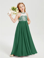 Robes de Demoiselle d'Honneur Longues en Mousseline avec Haut en Dentelle Vert Foncé