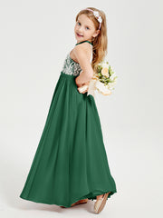 Robes de Demoiselle d'Honneur Longues en Mousseline avec Haut en Dentelle Vert Foncé