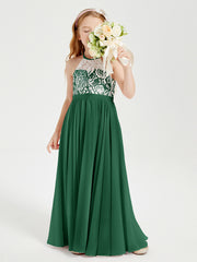 Robes de Demoiselle d'Honneur Longues en Mousseline avec Haut en Dentelle Vert Foncé