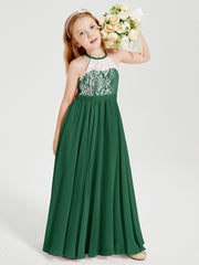 Robes de Demoiselle d'Honneur Longues en Mousseline avec Haut en Dentelle Vert Foncé