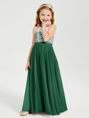 Robes de Demoiselle d'Honneur Longues en Mousseline avec Haut en Dentelle Vert Foncé