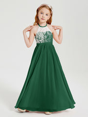 Robes de Demoiselle d'Honneur Longues en Mousseline avec Haut en Dentelle Vert Foncé