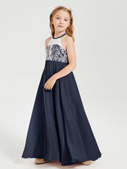 Robes de Demoiselle d'Honneur Longues en Mousseline avec Haut en Dentelle Bleu Marine