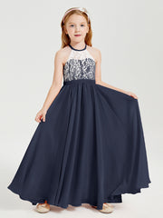Robes de Demoiselle d'Honneur Longues en Mousseline avec Haut en Dentelle Bleu Marine
