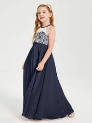 Robes de Demoiselle d'Honneur Longues en Mousseline avec Haut en Dentelle Bleu Marine