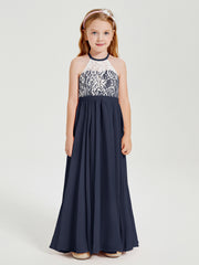 Robes de Demoiselle d'Honneur Longues en Mousseline avec Haut en Dentelle Bleu Marine