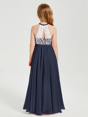 Robes de Demoiselle d'Honneur Longues en Mousseline avec Haut en Dentelle Bleu Marine