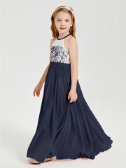 Robes de Demoiselle d'Honneur Longues en Mousseline avec Haut en Dentelle Bleu Marine