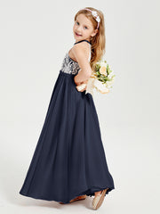 Robes de Demoiselle d'Honneur Longues en Mousseline avec Haut en Dentelle Bleu Marine