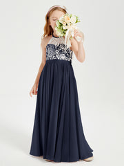 Robes de Demoiselle d'Honneur Longues en Mousseline avec Haut en Dentelle Bleu Marine