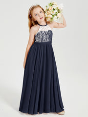 Robes de Demoiselle d'Honneur Longues en Mousseline avec Haut en Dentelle Bleu Marine