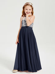 Robes de Demoiselle d'Honneur Longues en Mousseline avec Haut en Dentelle Bleu Marine