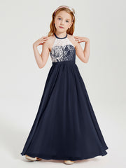 Robes de Demoiselle d'Honneur Longues en Mousseline avec Haut en Dentelle Bleu Marine