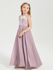 Robes de Demoiselle d'Honneur Longues en Mousseline avec Haut en Dentelle Dusk