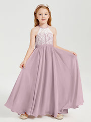 Robes de Demoiselle d'Honneur Longues en Mousseline avec Haut en Dentelle Dusk