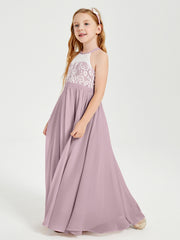 Robes de Demoiselle d'Honneur Longues en Mousseline avec Haut en Dentelle Dusk