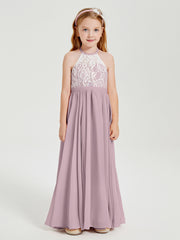 Robes de Demoiselle d'Honneur Longues en Mousseline avec Haut en Dentelle Dusk
