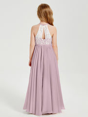 Robes de Demoiselle d'Honneur Longues en Mousseline avec Haut en Dentelle Dusk