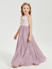 Robes de Demoiselle d'Honneur Longues en Mousseline avec Haut en Dentelle Dusk