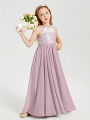 Robes de Demoiselle d'Honneur Longues en Mousseline avec Haut en Dentelle Dusk
