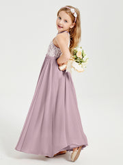 Robes de Demoiselle d'Honneur Longues en Mousseline avec Haut en Dentelle Dusk