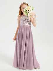 Robes de Demoiselle d'Honneur Longues en Mousseline avec Haut en Dentelle Dusk