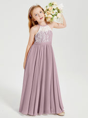 Robes de Demoiselle d'Honneur Longues en Mousseline avec Haut en Dentelle Dusk
