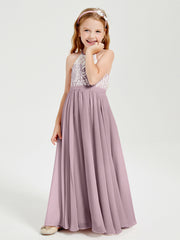 Robes de Demoiselle d'Honneur Longues en Mousseline avec Haut en Dentelle Dusk