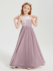 Robes de Demoiselle d'Honneur Longues en Mousseline avec Haut en Dentelle Dusk